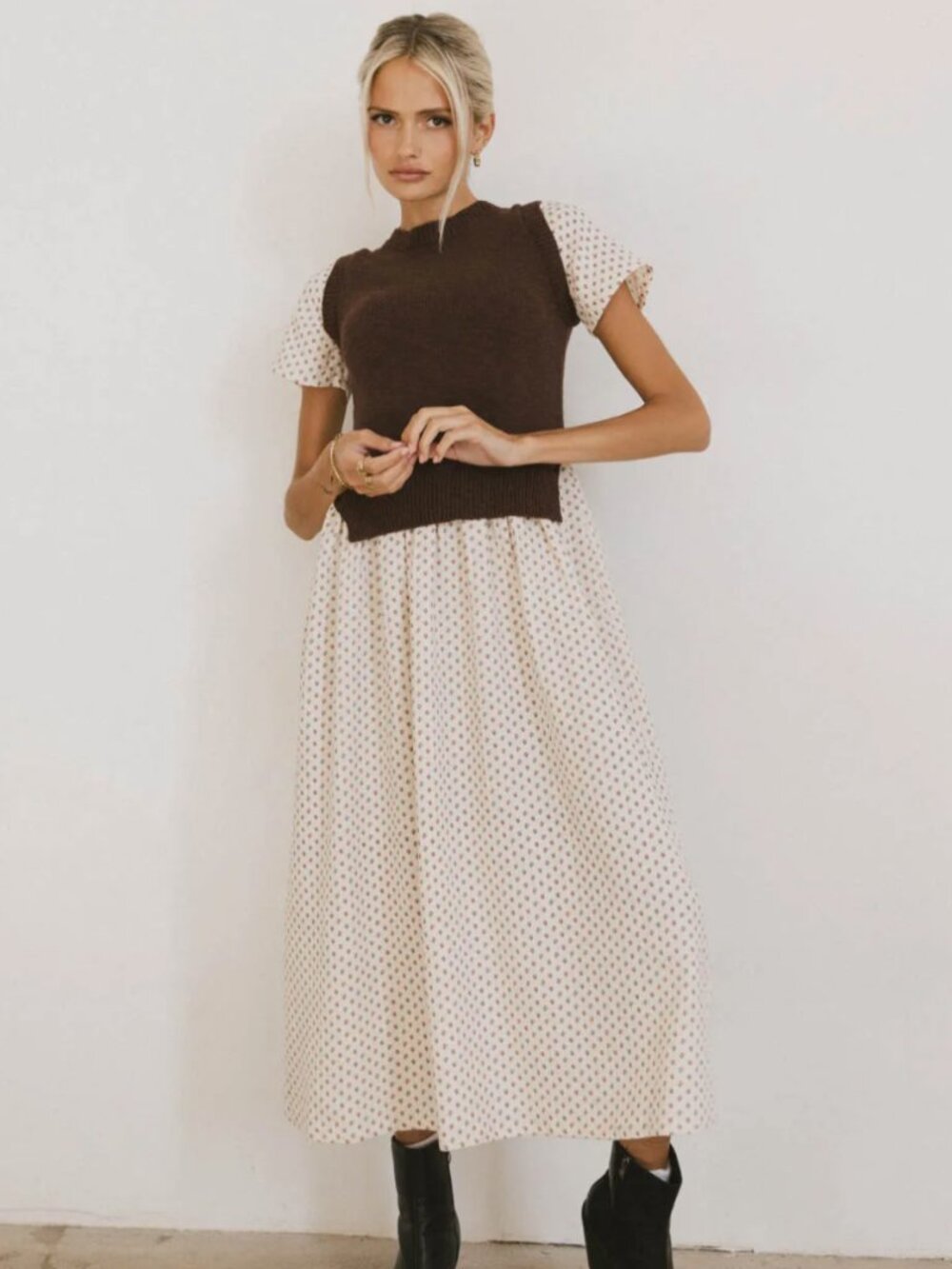 Bohme Fonsey Sweater Dress Short Sleeve Women's Small Cream Brown Cottagecore